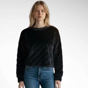 NWT ZARA Black Faux Fur Cropped Quilted Sweater Long Sleeves